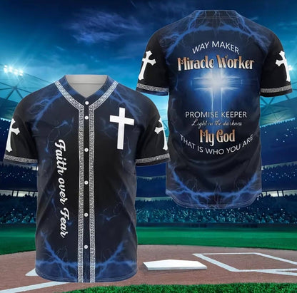 Faith Over Fear Christian Baseball Jersey, Way Maker Miracle Worker Cross Shirt, Religious Button Up Jersey for Men