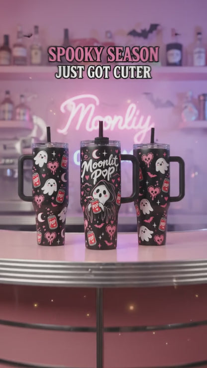 40oz Spooky Cute Ghost Tumbler with Handle and Straw Halloween Soda Lover Insulated Travel Mug Stainless Steel Cup Gift