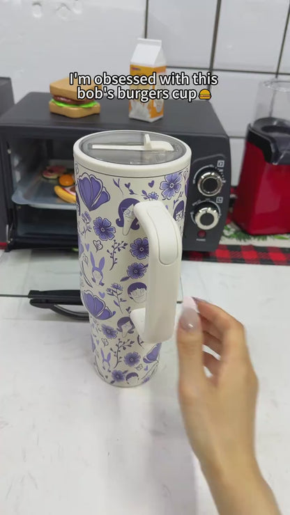 1pc 40oz Stainless Steel Insulated Tumbler with Handle, Insulated Travel Drinkware, Blue Floral Print Travel Mug with Lid, Large Capacity Cup for Water, Coffee, Tea and Iced Drinks, Reusable Portable Car Cup for Home