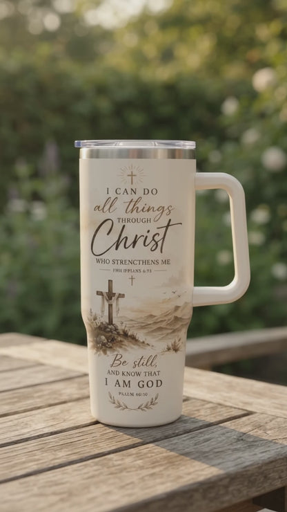Christian Bible Verse 40oz Tumbler with Handle and Straw - Faith Inspirational Stainless Steel Cup - Religious Gift for Women