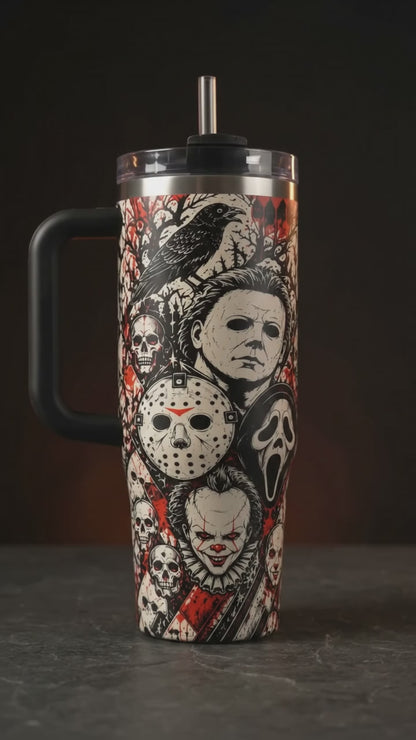 Horror Movie 40oz Tumbler – Scary Icons Insulated Travel Mug with Handle & Straw, Halloween Gift for Horror Fans