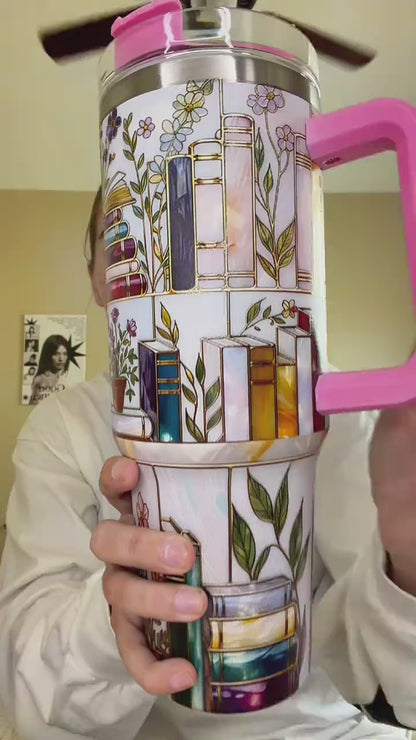 Stained-Glass Book Design 40oz Tumbler,Flat 2D Printed Floral Bookshelf Tumbler, Book Lover Gift, Bookish Cup, Library Cup, Tea Cup, Coffee Mug, Gift for Friends, Kitchen Drinkware