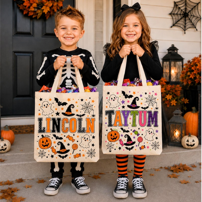 Personalized Trick or Treat Bags, Halloween Candy Bag Tote with Name, Custom Name Canvas Bag for Kids, Halloween Gift for Boys Girls