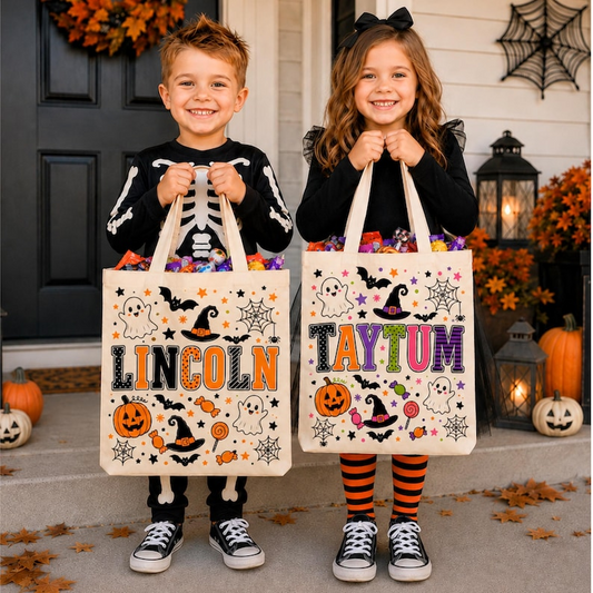 Personalized Trick or Treat Bags, Halloween Candy Bag Tote with Name, Custom Name Canvas Bag for Kids, Halloween Gift for Boys Girls