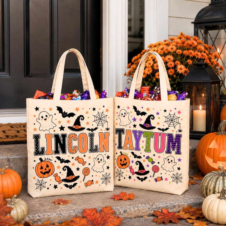 Personalized Trick or Treat Bags, Halloween Candy Bag Tote with Name, Custom Name Canvas Bag for Kids, Halloween Gift for Boys Girls