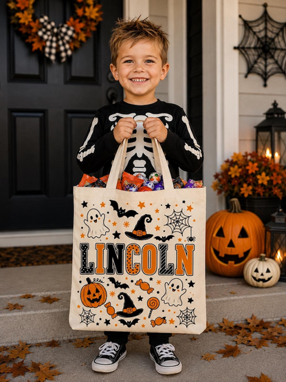 Personalized Trick or Treat Bags, Halloween Candy Bag Tote with Name, Custom Name Canvas Bag for Kids, Halloween Gift for Boys Girls
