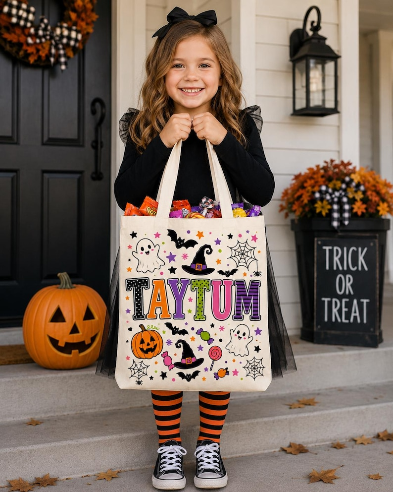 Personalized Trick or Treat Bags, Halloween Candy Bag Tote with Name, Custom Name Canvas Bag for Kids, Halloween Gift for Boys Girls
