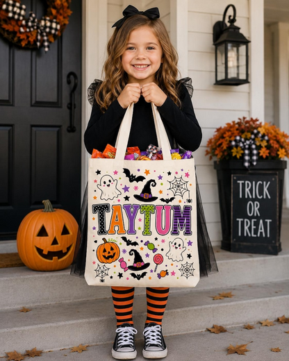 Personalized Trick or Treat Bags, Halloween Candy Bag Tote with Name, Custom Name Canvas Bag for Kids, Halloween Gift for Boys Girls