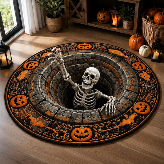3D Skeleton Optical Illusion Round Rug Halloween Floor Mat Spooky Pumpkin Hole Carpet Scary Bottomless Pit Home Decor Halloween Party Rug