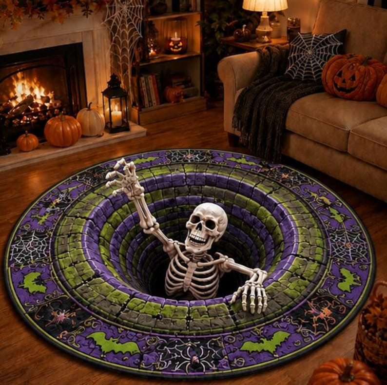 3D Skeleton Optical Illusion Round Rug Halloween Floor Mat Spooky Pumpkin Hole Carpet Scary Bottomless Pit Home Decor Halloween Party Rug