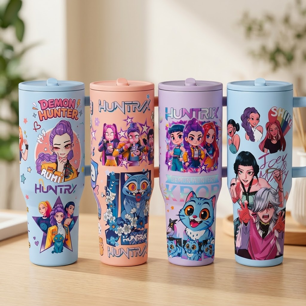 K-Pop Ghost Hunter Theme Wicked Water Bottle with Straw & Lid, Reusable Hard Plastic,  Eco-Friendly Drinkware for School, Travel, Coffee Use & Halloween Parties, Teen Gift