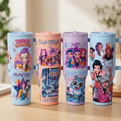 K-Pop Ghost Hunter Theme Wicked Water Bottle with Straw & Lid, Reusable Hard Plastic,  Eco-Friendly Drinkware for School, Travel, Coffee Use & Halloween Parties, Teen Gift