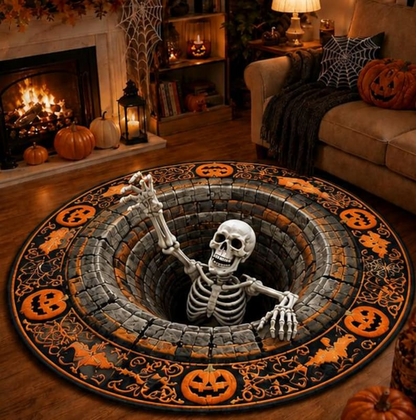 3D Skeleton Optical Illusion Round Rug Halloween Floor Mat Spooky Pumpkin Hole Carpet Scary Bottomless Pit Home Decor Halloween Party Rug