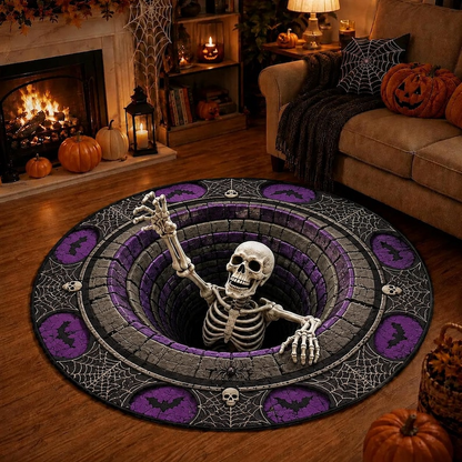 3D Skeleton Optical Illusion Round Rug Halloween Floor Mat Spooky Pumpkin Hole Carpet Scary Bottomless Pit Home Decor Halloween Party Rug