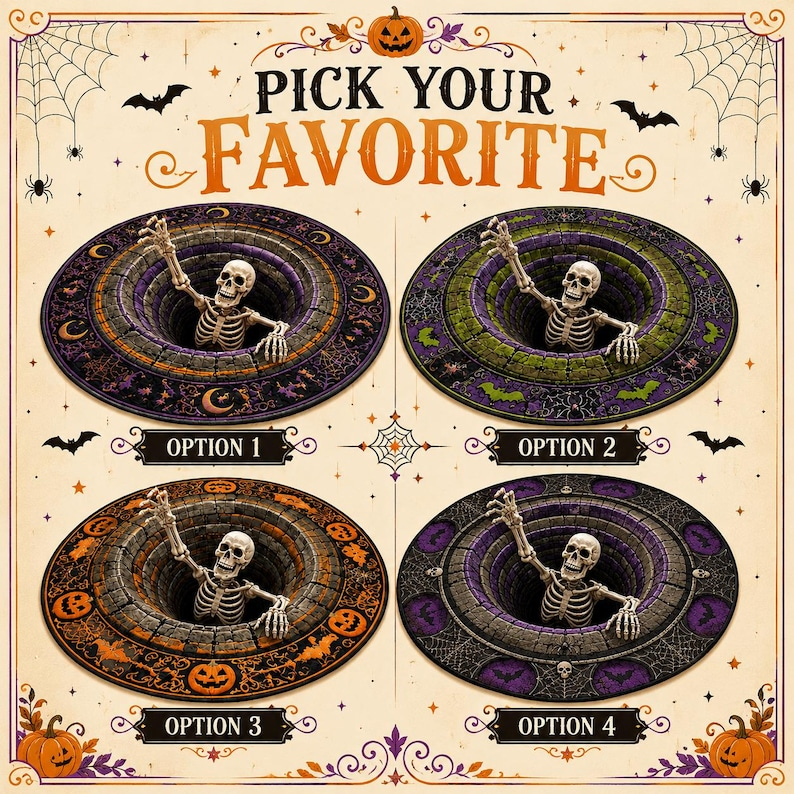 3D Skeleton Optical Illusion Round Rug Halloween Floor Mat Spooky Pumpkin Hole Carpet Scary Bottomless Pit Home Decor Halloween Party Rug