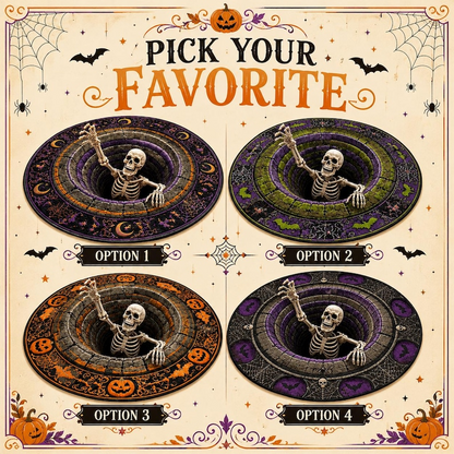 3D Skeleton Optical Illusion Round Rug Halloween Floor Mat Spooky Pumpkin Hole Carpet Scary Bottomless Pit Home Decor Halloween Party Rug